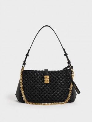 Charles & Keith Nova Woven Chain-Handle Schultertaschen Schwarz | 312AHBRPL