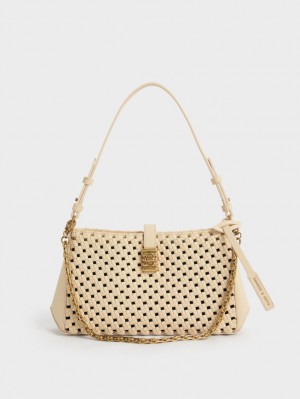 Charles & Keith Nova Woven Chain-Handle Schultertaschen Beige | 168YUQZJB