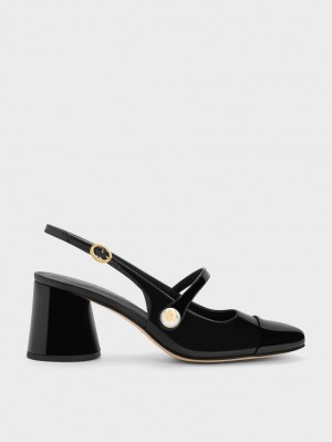 Charles & Keith Pearl Embellished Lack Slingback Pumps Schwarz | 846OTIPYE