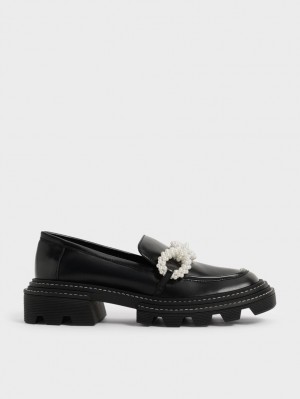 Charles & Keith Perline Beaded Plattform Halbschuhe Schwarz | 045BWTEZF