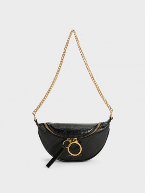 Charles & Keith Philomena Wrinkled-Effect Half-Moon Crossbody Taschen Schwarz | 572SJFYKL