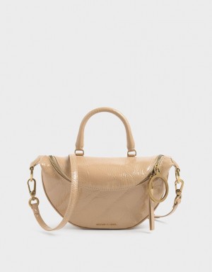 Charles & Keith Philomena Wrinkled Lack Semi-Circle Crossbody Taschen Beige | 270MTGJUC