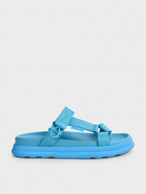 Charles & Keith Polyester Klettverschluss Riemen Sports Plateausandalen Blau | 917OUBGVH