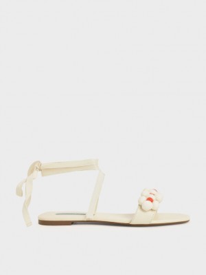 Charles & Keith Pom Pom Tie-Around Sandalen Flach Weiß | 391RWHQPS