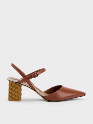 Charles & Keith Rattan Block Heel Pumps Braun | 408WBTYKO