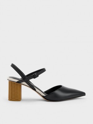 Charles & Keith Rattan Block Heel Pumps Schwarz | 867PNFZTS