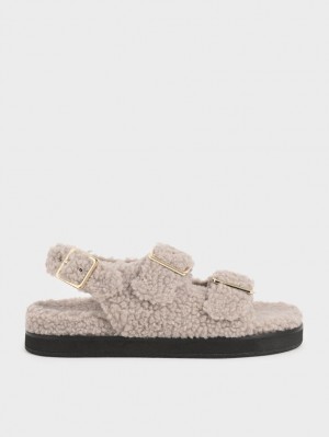 Charles & Keith Recycled PET - Furry Plateausandalen Grau | 279UFIKLJ