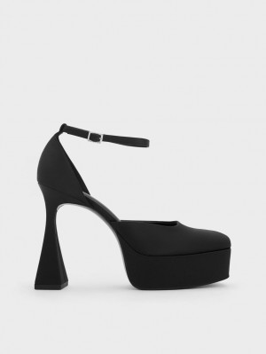 Charles & Keith Recycled Polyester Flare Heel D'Orsay Pumps Schwarz | 916OGCNRF