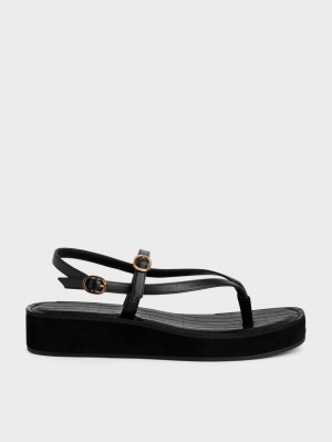 Charles & Keith Riemchen Flatform Tanga Plateausandalen Schwarz | 075EJZORB