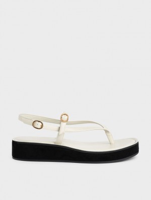 Charles & Keith Riemchen Flatform Tanga Plateausandalen Weiß | 578FKJXZC