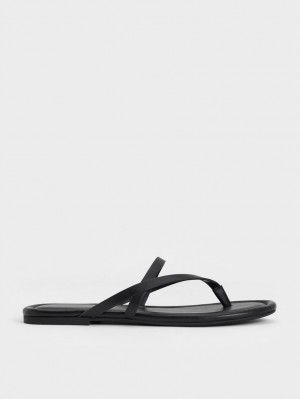 Charles & Keith Riemchen Tanga Sandalen Flach Schwarz | 817ZKMYPN