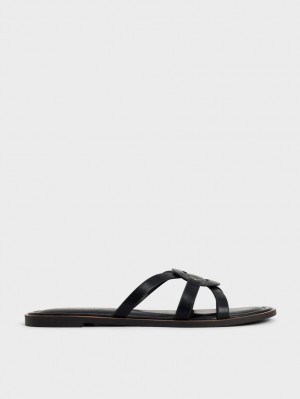 Charles & Keith Ring Detail Riemchen Flats Pantoletten Schwarz | 576GBRHVF