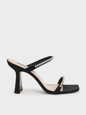 Charles & Keith Satin Gem-Encrusted Sandalen Absatz Schwarz | 057DPUTAV