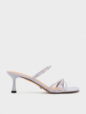 Charles & Keith Square Crystal-Embellished Metallic Leder Absatz Mules Lila | 230HFEOUV