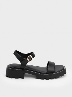 Charles & Keith Stitch-Trim Buckled Plateausandalen Schwarz | 653AVBTZH