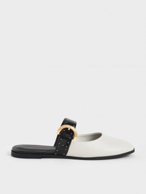 Charles & Keith Studded Buckled Flache Mules Weiß | 198CHZAKO