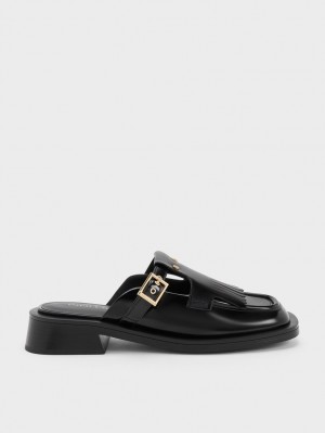 Charles & Keith Studded Cut-Out Fringe Mules Schwarz | 215XNFRWO