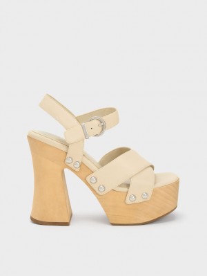 Charles & Keith Tabitha Leder Crossover Plateausandalen Weiß | 740UBZNJQ