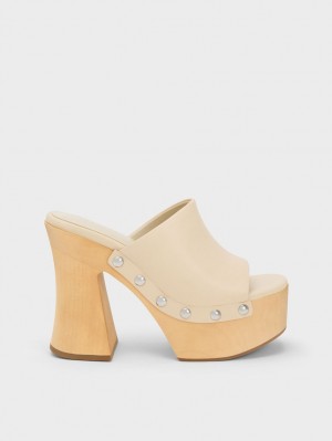 Charles & Keith Tabitha Leder Plattform Clogs Beige | 982ZGOXSN