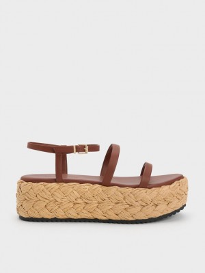 Charles & Keith Tali Leder Braided Plateausandalen Dunkelbraun | 267LRSNAM