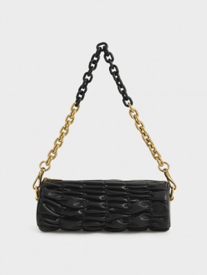 Charles & Keith Tallulah Ruched Chain-Handle Schultertaschen Schwarz | 836BJOPFN