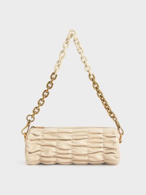 Charles & Keith Tallulah Ruched Chain-Handle Schultertaschen Beige | 649NAVDYR