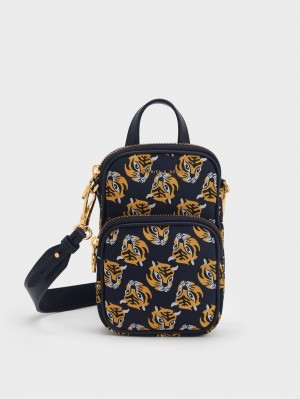 Charles & Keith Tiger Print Jacquard Long Crossbody Taschen Navy | 467SICLTR