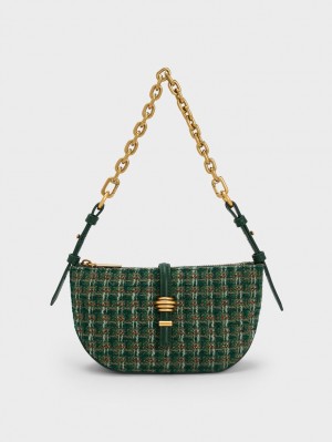 Charles & Keith Trudy Tweed Belted Geometric Schultertaschen Dunkelgrün | 930JLZXNU