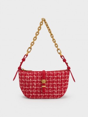 Charles & Keith Trudy Tweed Belted Geometric Schultertaschen Rot | 358CRTGDS