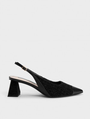 Charles & Keith Tweed Kappe Cap Slingback Pumps Schwarz | 746IQRZGP