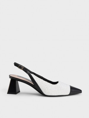 Charles & Keith Tweed Kappe Cap Slingback Pumps Weiß | 987IHSJNT