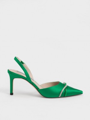 Charles & Keith Twist Detail Satin Slingback Pumps Grün | 850IOERJN