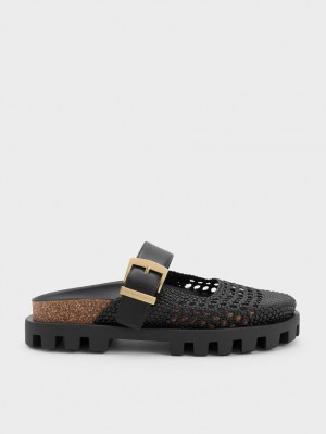 Charles & Keith Woven Buckled Flache Mules Schwarz | 217NBCLFK