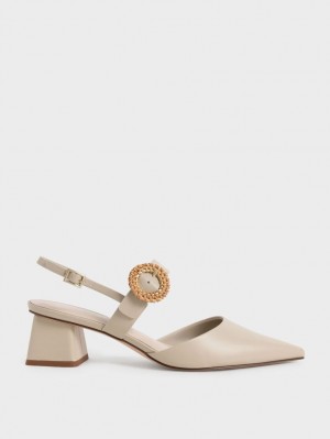 Charles & Keith Woven Schnallen Slingback Absatz Pumps Beige | 945TYEAIF