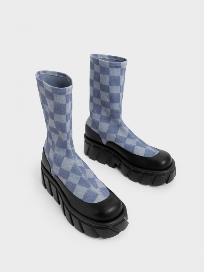 Charles & Keith Aberdeen Denim Checkered Plateau Stiefel Mehrfarbig | 905SEZXPI