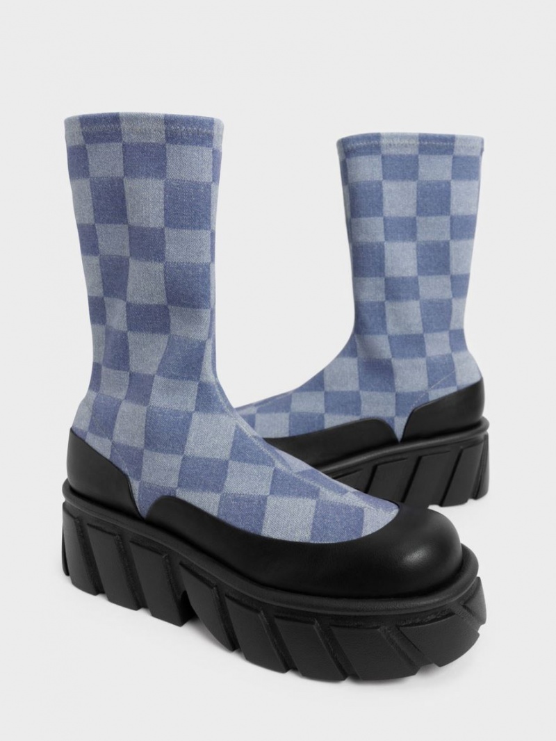 Charles & Keith Aberdeen Denim Checkered Plateau Stiefel Mehrfarbig | 905SEZXPI