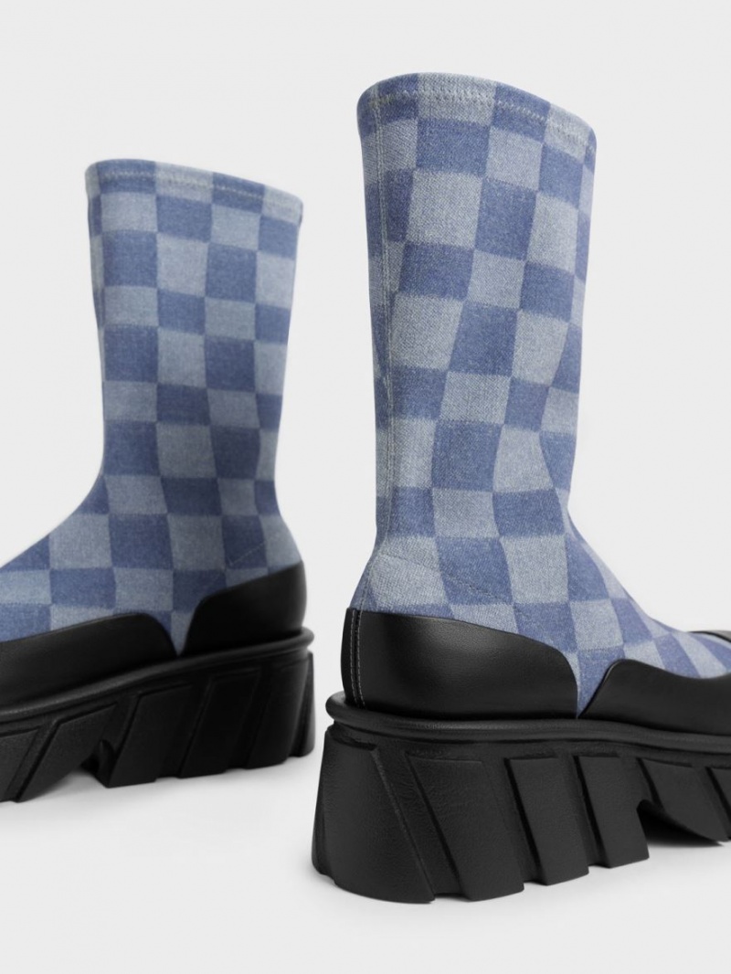 Charles & Keith Aberdeen Denim Checkered Plateau Stiefel Mehrfarbig | 905SEZXPI