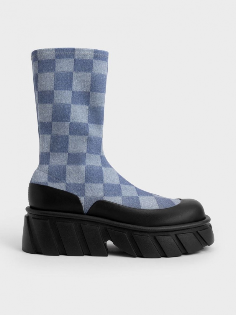 Charles & Keith Aberdeen Denim Checkered Plateau Stiefel Mehrfarbig | 905SEZXPI