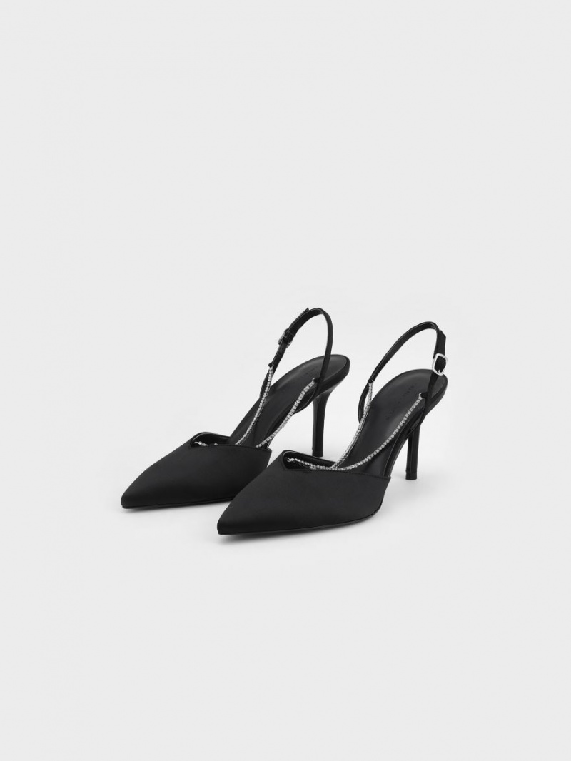 Charles & Keith Adel Recycled Polyester Gem-Riemen Slingback Pumps Schwarz | 504MPCGXL