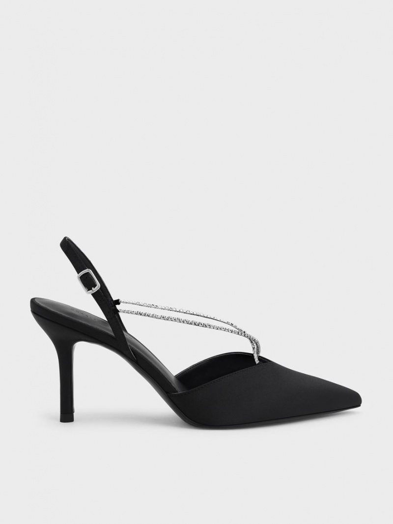 Charles & Keith Adel Recycled Polyester Gem-Riemen Slingback Pumps Schwarz | 504MPCGXL