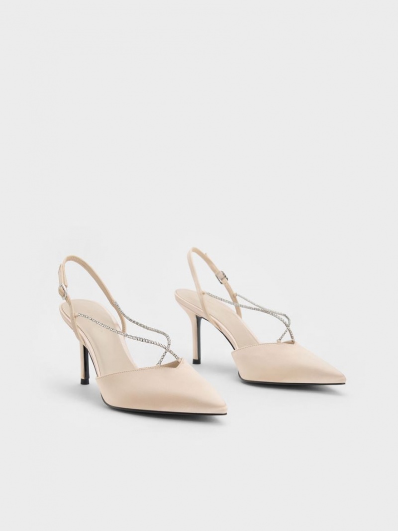 Charles & Keith Adel Recycled Polyester Gem-Riemen Slingback Pumps Beige | 937DALRGH