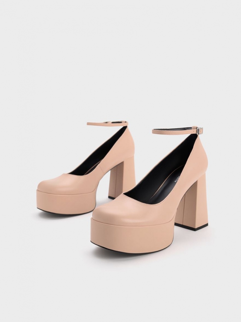 Charles & Keith Ankle-Riemen Plattform Pumps Beige | 786SFOJME