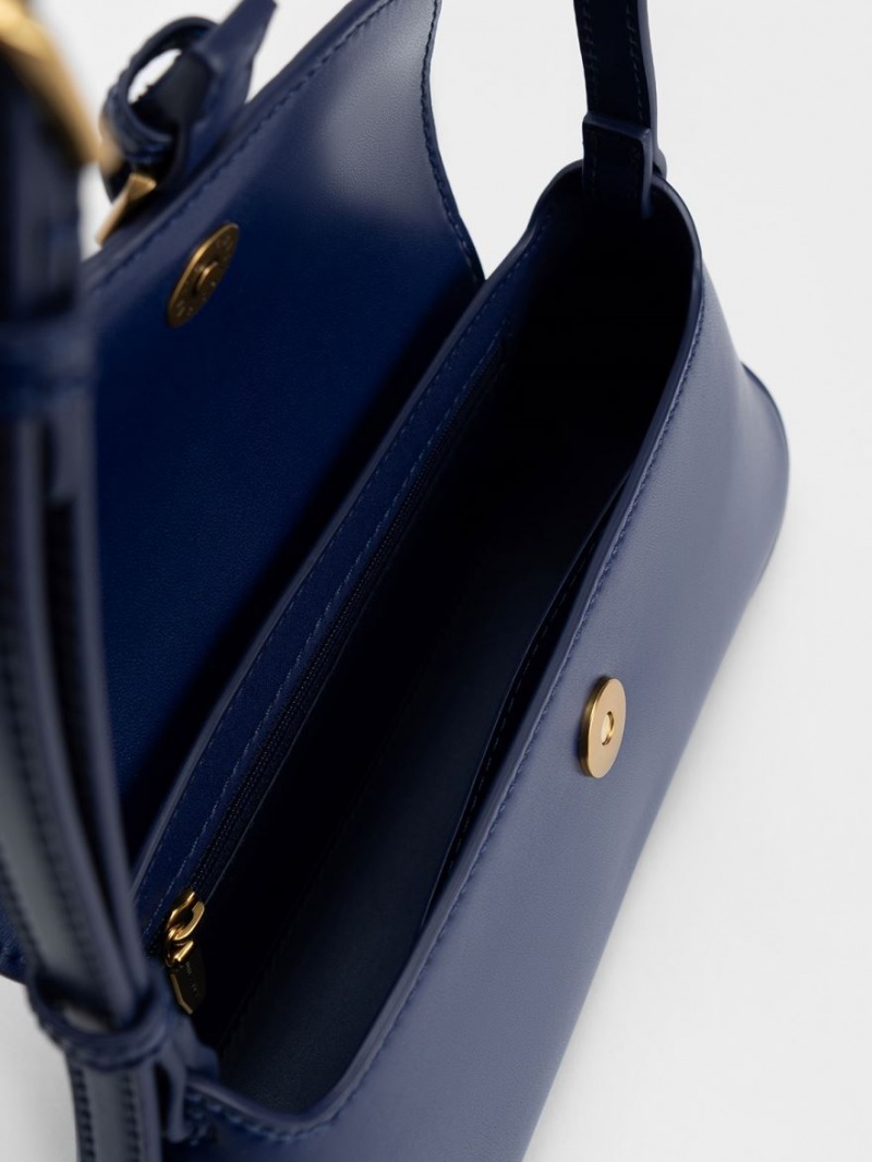 Charles & Keith Annelise Double Belted Schultertaschen Navy | 341YDEPCS