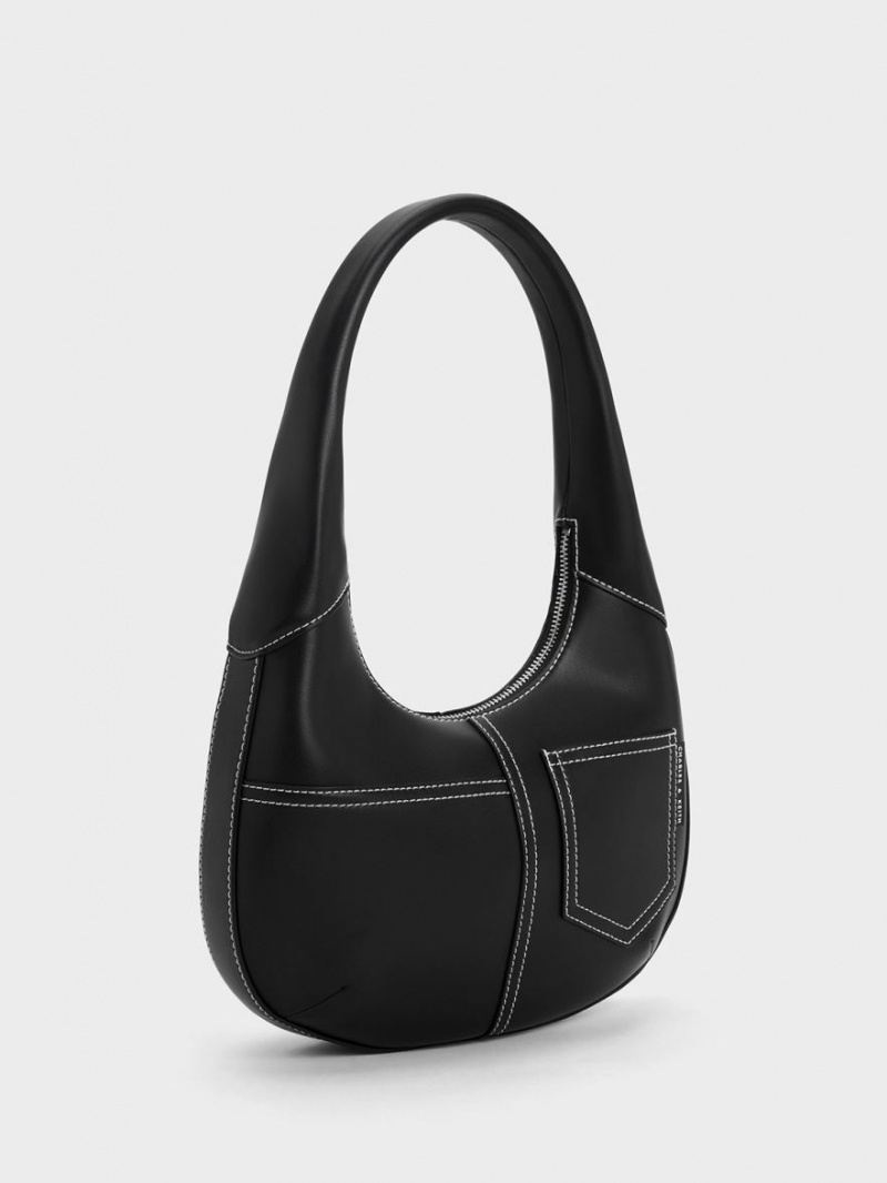 Charles & Keith Anthea Contrast-Trim Curved Hobo Tasche Schwarz | 428LENVWD