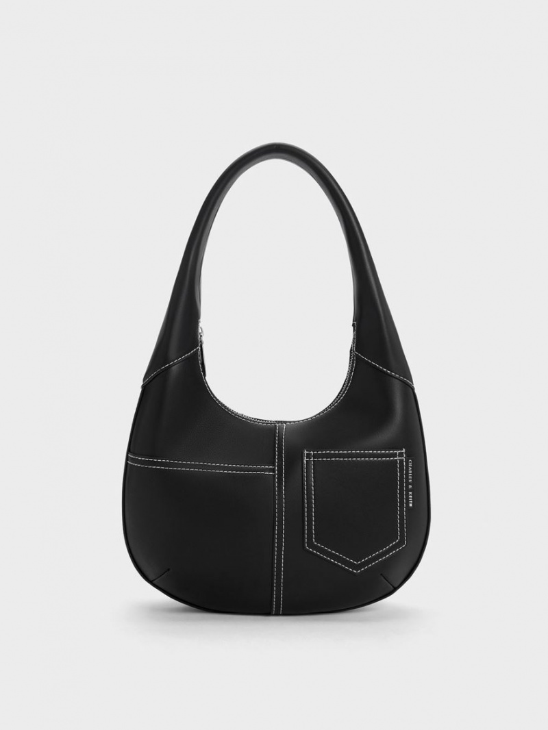 Charles & Keith Anthea Contrast-Trim Curved Hobo Tasche Schwarz | 428LENVWD