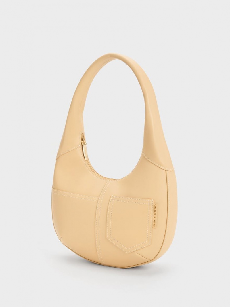 Charles & Keith Anthea Contrast-Trim Curved Hobo Tasche Beige | 325GVPLAJ