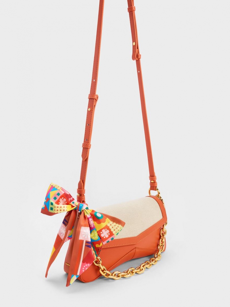 Charles & Keith Arley Canvas Chain-Link Trapeze Schultertaschen Orange | 450FKNQPY