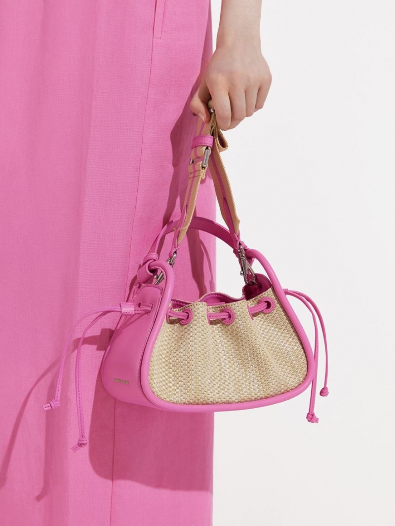 Charles & Keith Ashby Raffia Curved Handtasche Rosa | 203KQVDCG