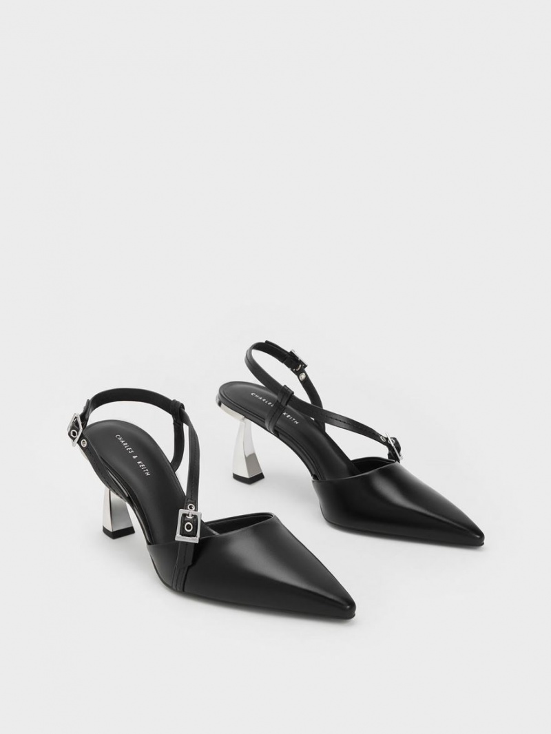 Charles & Keith Asymmetric Curved Heel Slingback Pumps Schwarz | 632SVACJI