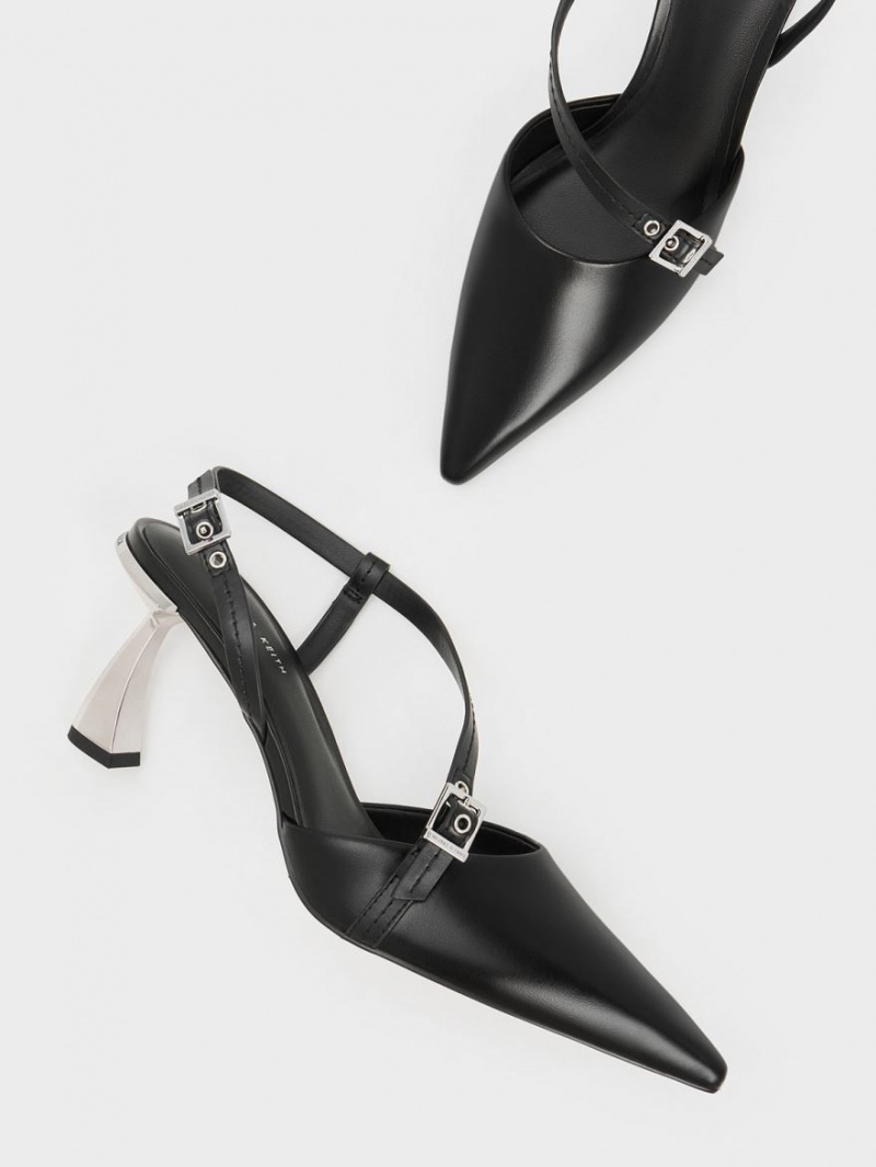 Charles & Keith Asymmetric Curved Heel Slingback Pumps Schwarz | 632SVACJI